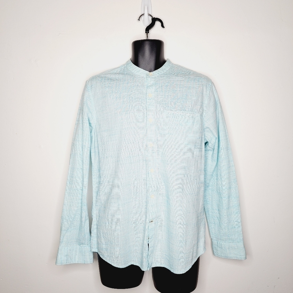 Netplay Heritage Workwear Colarless Casual Button Down Shirt - Blue - Picture 2 of 7